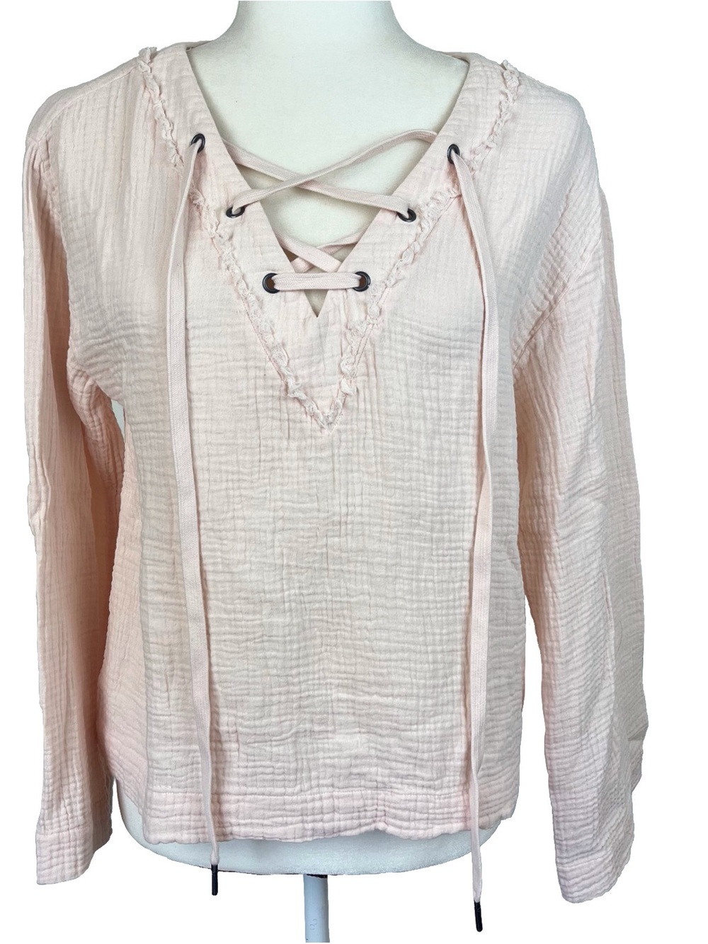 Cloth & Stone Soft Pink Long Sleeve Top Lace Up V Neck Gauzy Material Size Small